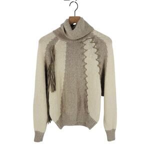 Vintage I.B. Diffusion Fringe Turtleneck Sweater Taupe Cream Silk Angora Size M